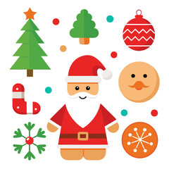Fototapeta premium Vector art of charming christmas icons including santa claus, gingerbread cookie, christmas trees, gift, stocking, snowflakes, and ornaments