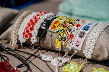 A variety of handmade bracelets made from beads and beads