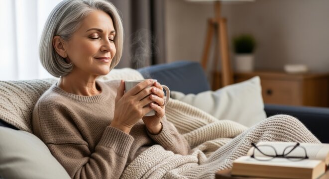 Senior woman relaxing with tablet on sofa