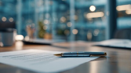 A close-up of a sleek silver and gold pen resting on a document in a modern office setting, exuding professionalism and elegance.