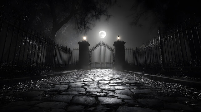 Spooky Iron Gate On A Cobblestone Path Under A Full Moon At Night