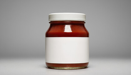 Sauce jar mockup with blank label and glass container on grey background  