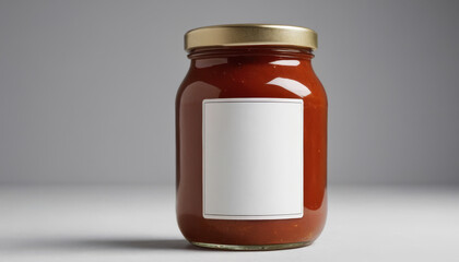 Sauce jar mockup filled with tomato sauce on neutral background  
