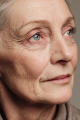 Portrait of wisdom captured in a striking macro close-up of an older woman's serene expression