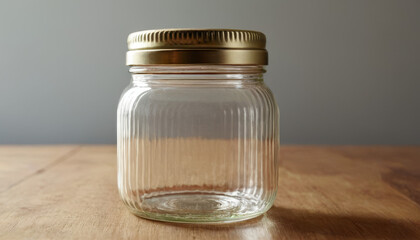 Empty sauce jar mockup on wooden table with gold lid  