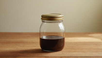 Sauce jar mockup on wooden table with natural light  