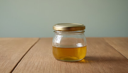 Sauce jar mockup on wooden table with green background  