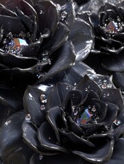 A close-up view of dark, glossy rose petals, meticulously detailed with glittering crystals, creating a captivating, opulent aesthetic.