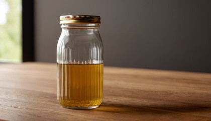 Sauce jar mockup with golden lid on wooden table in modern kitchen  
