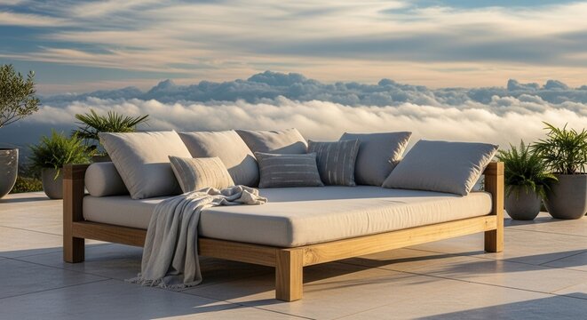 Luxurious outdoor daybed with cloudscape background offers a serene and relaxing escape