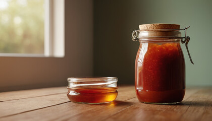 Sauce jar mockup with two glass containers on wooden table  