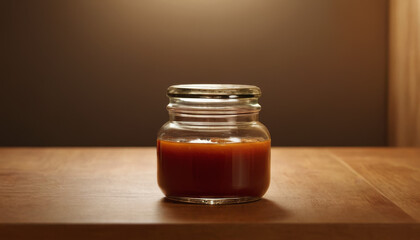 Sauce jar mockup with rich orange sauce on wooden table  