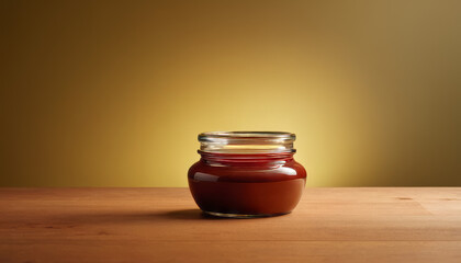 Sauce jar mockup on wooden table with warm background lighting  