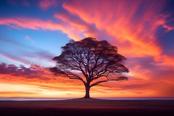 Fototapeta premium Striking Silhouette of a Lone Tree Against a Vibrant Sunset Sky, Its Branches Reaching Toward the Heavens in a Breathtaking Display of Strength and Serenity — Captured in Stunning 8K Ultra-High-Resolu