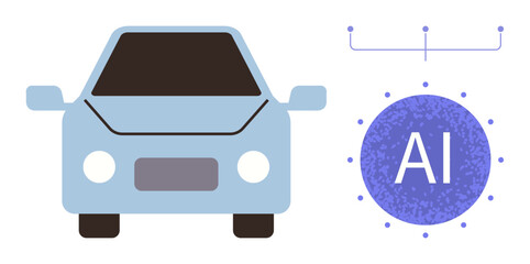 Light blue car icon with connection lines and purple AI graphic denoting autonomous driving. Ideal for technology, innovation, transportation, artificial intelligence, automation, future mobility