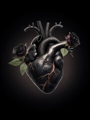 A detailed rendering of a dark, anatomical heart adorned with dark roses and intricate vascular details, evoking a somber and reflective mood against a stark black backdrop.
