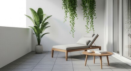 Serene balcony oasis with modern lounge chair tropical plants and natural light creates relaxing