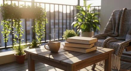 Fototapeta premium Serene balcony scene with morning sunlight, books, coffee, and inviting plants creating a cozy