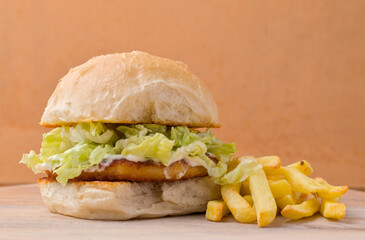 Chicken Burger with lettuce, mayonaise and a side of chips.