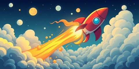 Whimsical cartoon rocket blasting off, trailing colorful smoke & clouds,  dreamlike,  galaxy