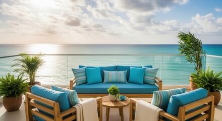 Serene oceanfront balcony with stylish outdoor furniture and a calming turquoise seascape provides
