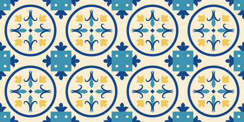 Maroccan traditional seamless pattern. Mediterranean geometric background. Turkish, Tunissian, Portuguese eclectic motif. Arabic interior design. Vector illustration.