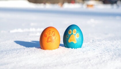 Two painted Easter eggs, orange and teal, with paw prints, sit in snow