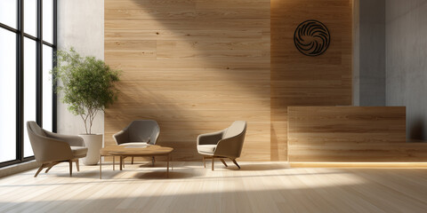 An office lobby or waiting room with a wooden aesthetic. The image is a mockup for a company wall logo.

