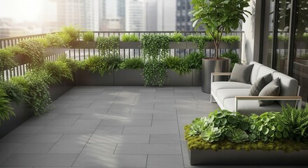 Sophisticated Urban Terrace with Lush Greenery and Modern Outdoor Furniture for Relaxation