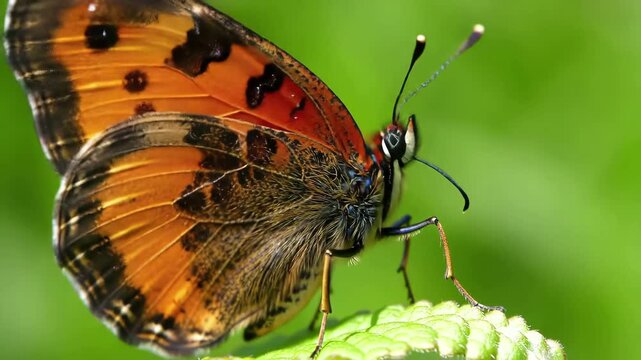A beautiful Small Tortoiseshell butterfly with vibrant orange and black wings rests on a green leaf before opening them to reveal its intricate pattern in a macro closeup.