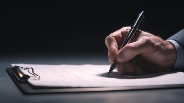 A close-up of a man's hand writing on a clipboard, captured in soft, dramatic lighting that highlights the focused mood.