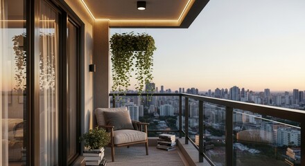 Stylish urban balcony with comfortable seating and a stunning city view during golden hour