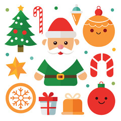 Naklejka premium Vector art of cute flat design illustration of santa claus with christmas tree, candy cane, gift box, snowflake, and bauble, perfect for holiday greetings and festive decorations