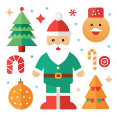 Vector art of whimsical flat vector art of santa claus surrounded by christmas elements like a tree, candy cane, gift, bauble, and snowflake, perfect for creating a joyful holiday atmosphere