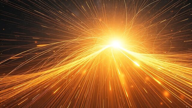 Thin metal sheets lifted by celestial golden photonic winds in space.