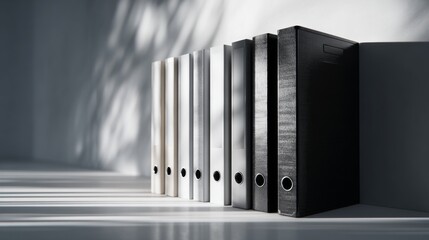 Obraz premium A minimalistic arrangement of eight folders in varying shades of white and black, casting soft shadows on a sleek surface.