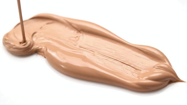 A closeup macro shot of creamy beige liquid foundation being poured and smeared into a smooth swatch on a clean white isolated background for a beauty product demonstration.