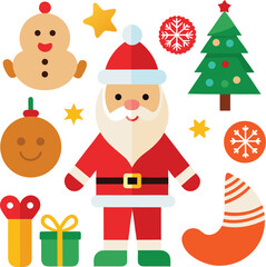 Fototapeta premium Vector art of charming flat design christmas icons including santa claus, gingerbread man, christmas tree, bauble, gift, and stocking