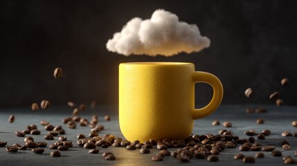 A whimsical yellow coffee mug surrounded by coffee beans, featuring a fluffy cloud hovering above it, evoking a playful atmosphere.