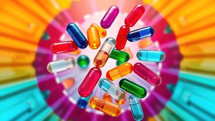 Vibrant floating vitamin capsules in a kaleidoscopic pattern against a radiant backdrop.