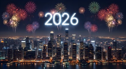Vibrant fireworks illuminate the skyline of a modern city on the eve of 2026, symbolizing new beginnings and a hopeful future