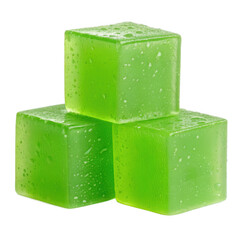 Three green jelly cubes isolated on transparent background, close up studio shot