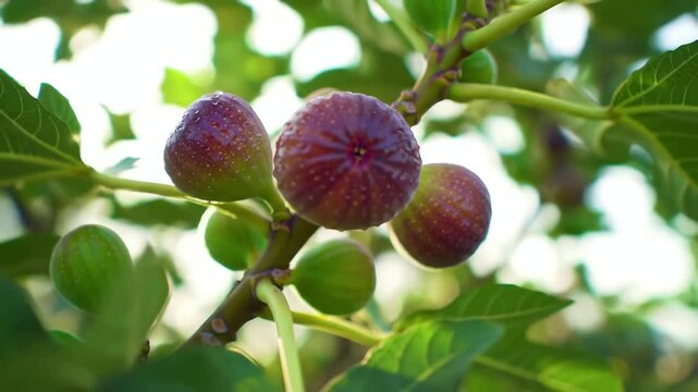 A beautiful close up shot of delicious ripe purple figs hanging on a tree branch in a sunlit orchard with the warm sun creating a beautiful flare through the lush green leaves.