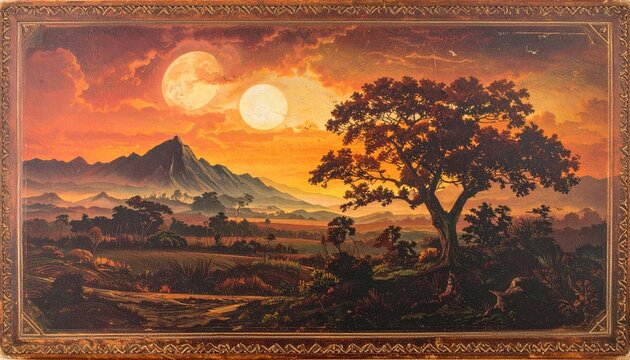 Sunset landscape, double moons, mountains