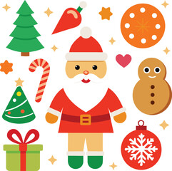 Vector art of flat design illustration of santa claus with christmas trees, a snowman, candy cane, gift box, and ornaments