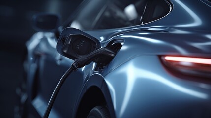 A sleek blue electric car charging at night, showcasing modern automotive design and technology.