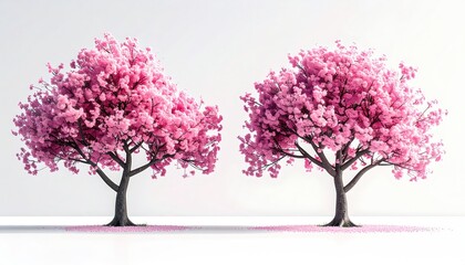 Obraz premium Two vibrant pink cherry blossom trees against a white backdrop (1)