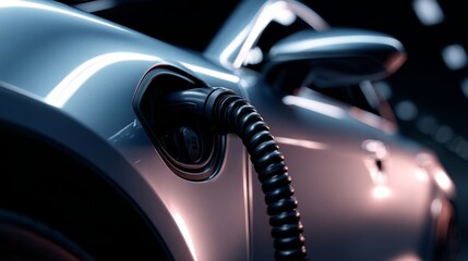 A close-up of an electric vehicle charging port, showcasing sleek design and innovative technology, illuminated in a modern setting.