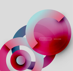 Abstract colorful overlapping circles create dynamic visual effect. Gradient shades blend smoothly, forming modern design element.