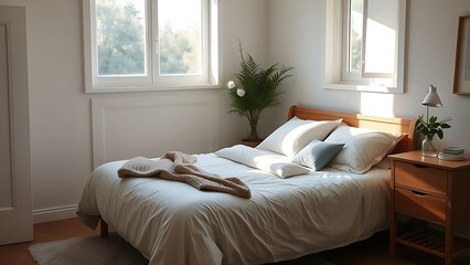 Cozy bedroom corner with a neatly made bed and nightstand, filled with soft morning sunlight.